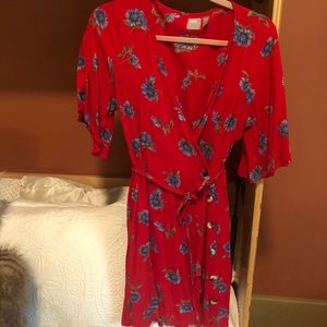 Red floral wrap dress